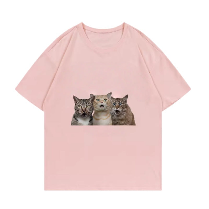 Playful Cat Print Pink T-Shirt