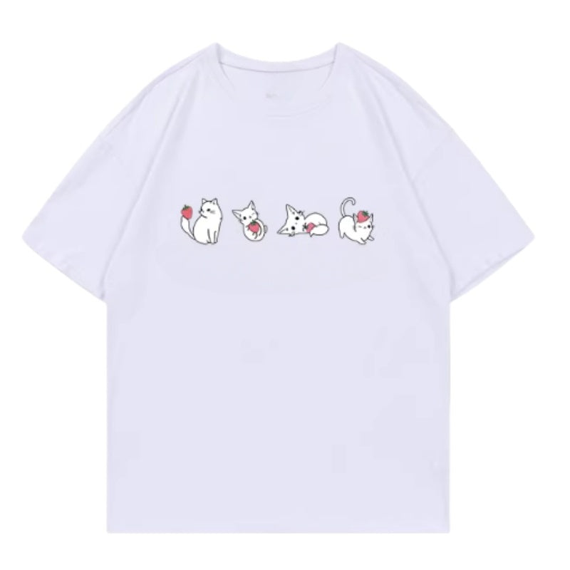 Cute Strawberry And Cat Print T-Shirt