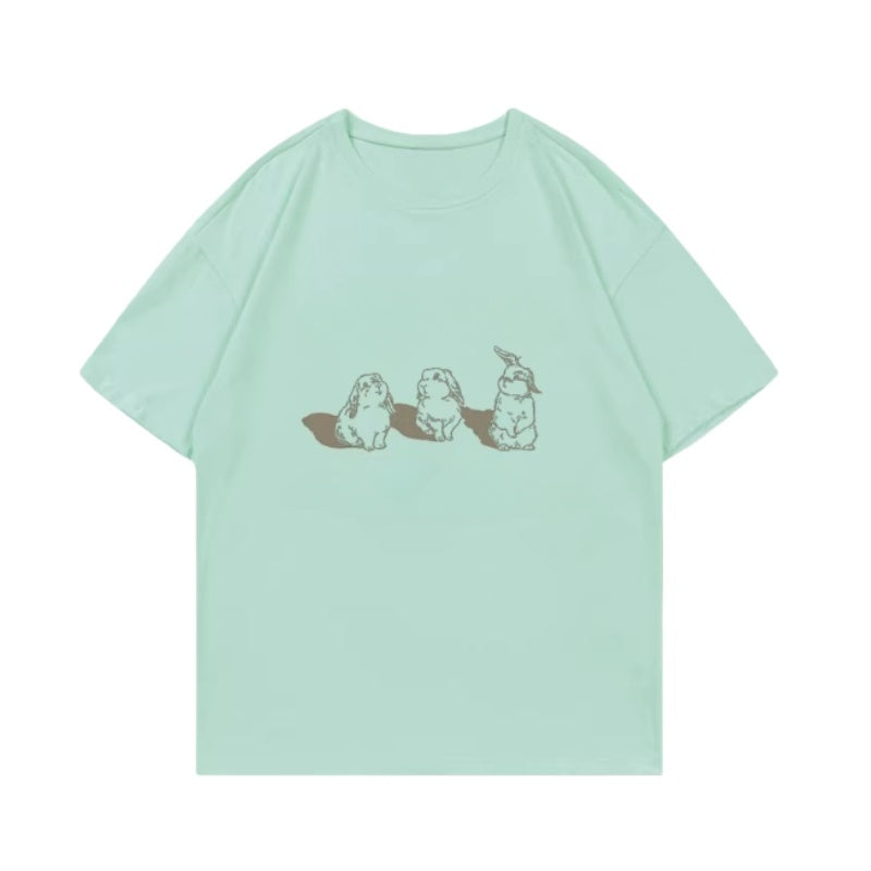 Green Rabbit Print Casual T-Shirt